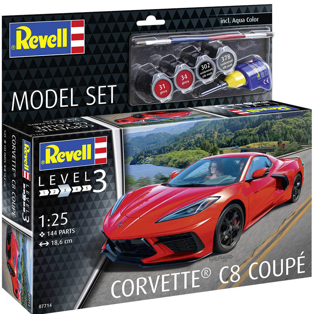 Revell Corvette C8 Coupé Model Set autómakett 1:24, 144 alkatrész + festékek + ragasztó + ecset
