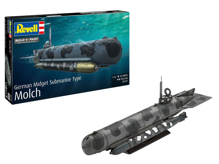 Revell 05187 German Midget Submarine Type Molch műanyag tengeralattjáró makett 1:72, 33 elem