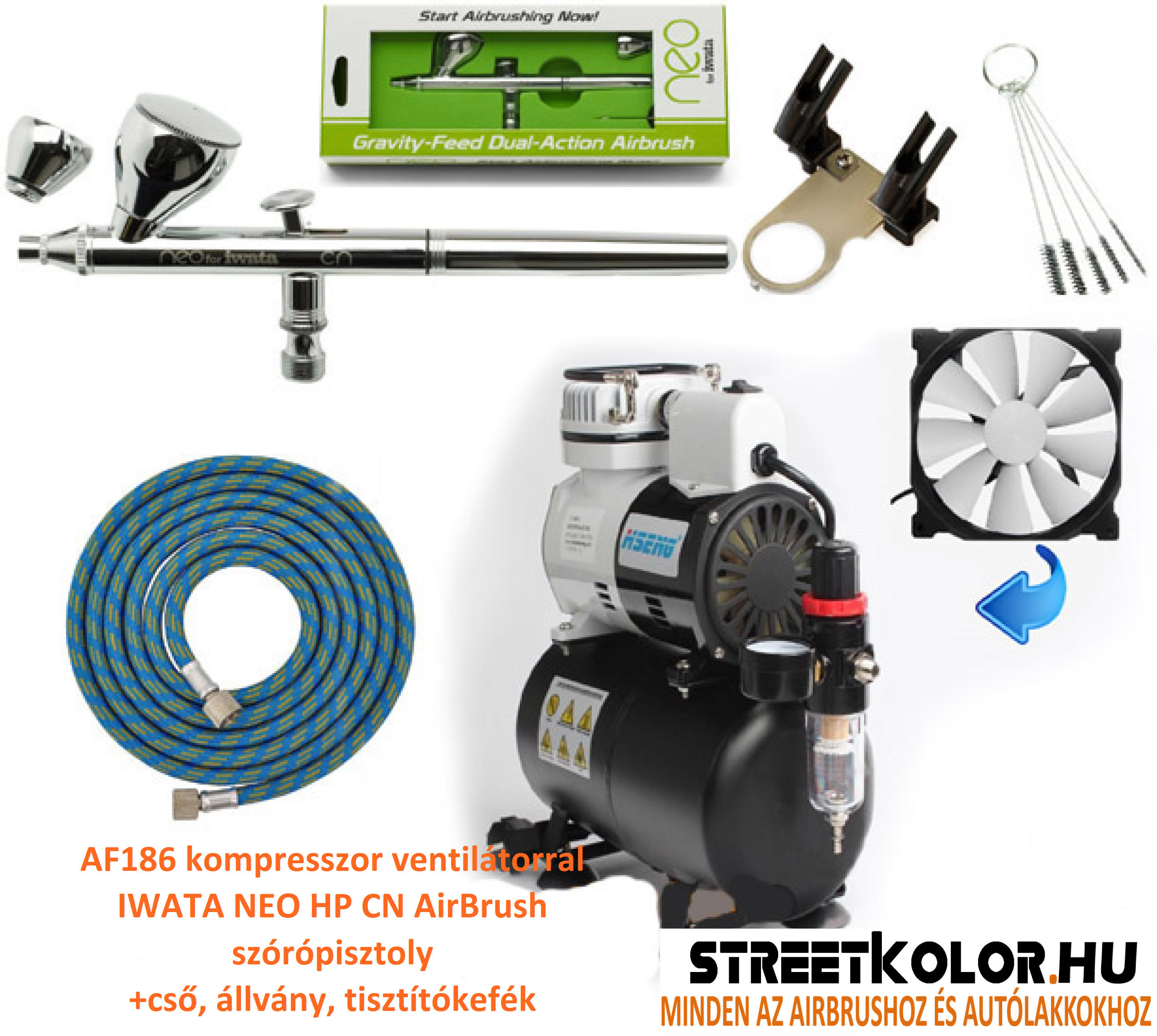 Airbrush szett: AF-186 kompresszor és IWATA NEO HP-CN pisztoly+cső+állvány+kefék