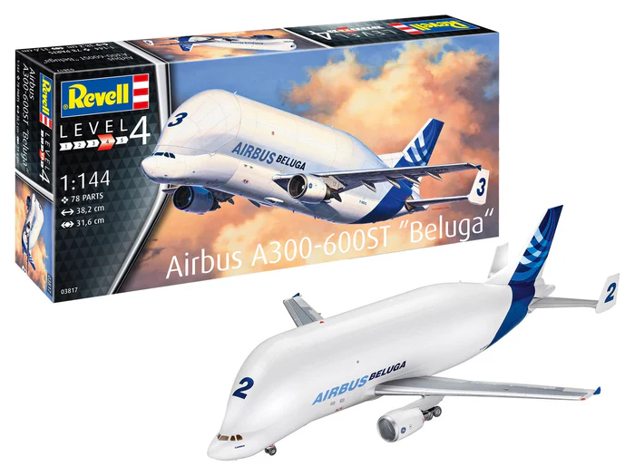Revell 03817 Airbus A300-600ST Beluga műanyag repülőgép makett 1:144, 78 darab