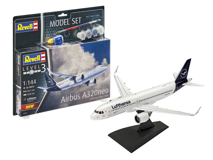 Revell 63942 Airbus A320neo Lufthansa New Livery Model Set + festékek + ecset + ragasztó 1:144, 38 elem