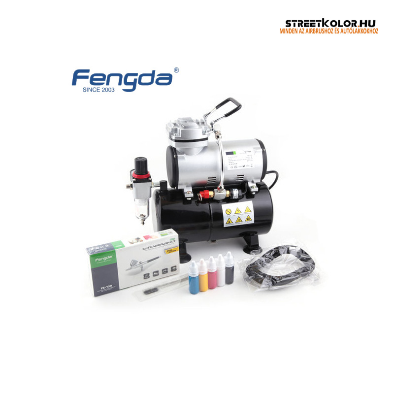 FENGDA airbrush szett: FD-186 kompresszor FE-130 pisztoly + cső + kefék + festék